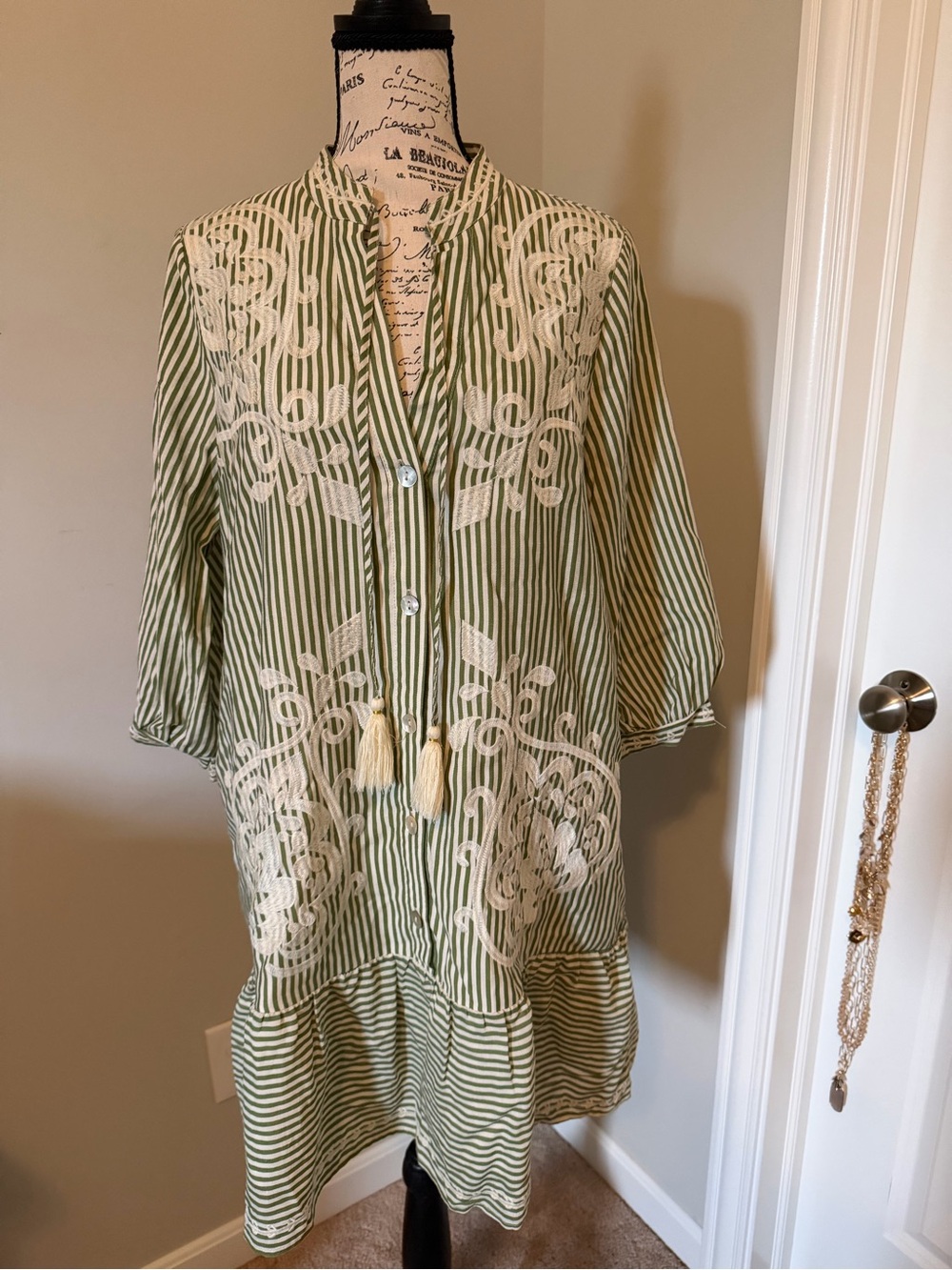 THML Women’s Green Striped Embroidered Tunic with Tassel Tie size M